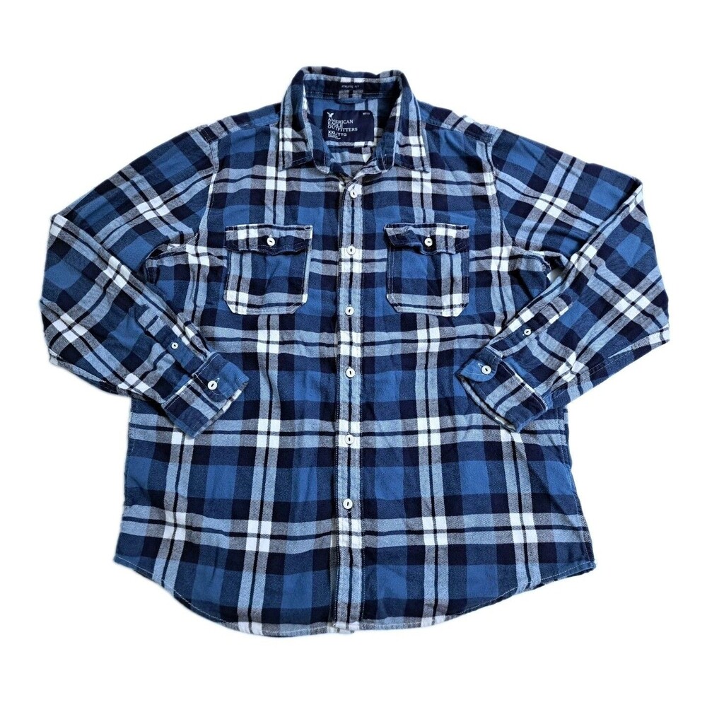 American Eagle Flannel Shirt Mens 2XL Plaid Blue White Athletic Fit 90s Y2K